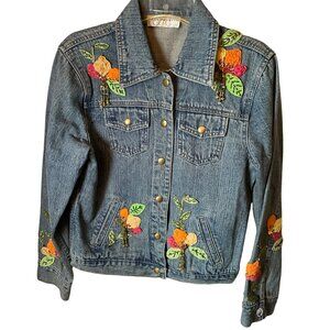 Mary Frances Womens Embroidered Denim Jacket Floral‎ Appliqué Beads Button-Front